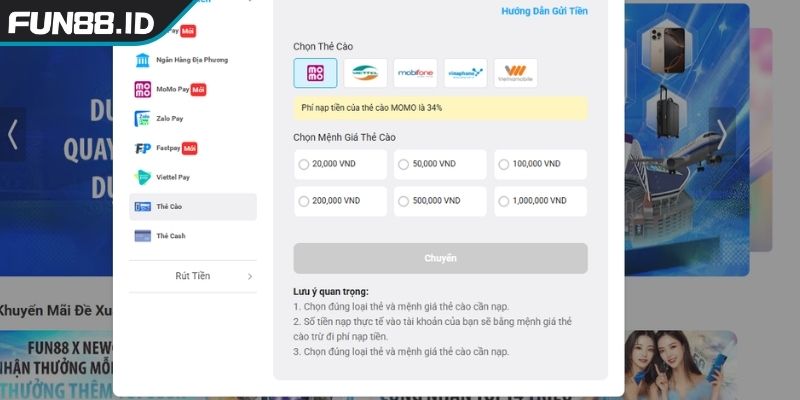 Hạn mức giao dịch cùng phí nạp và rút tiền FUN88