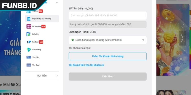 Cách nạp và rút tiền FUN88 thao tác nạp